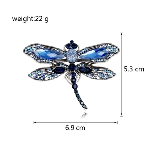 Vintage silver dragonfly brooch with sparkling blue rhinestones, size 6.9 x 5.3 cm