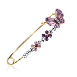 Elegant purple flower and butterfly brooch pin with crystals on gold-tone metal base