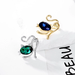 Cute crystal cat brooches in gold and silver finish with blue and green gems
