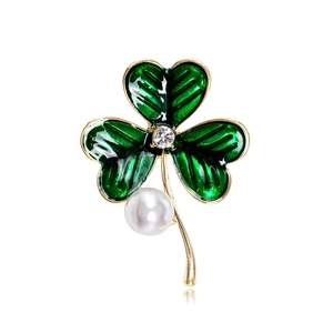 Broche Trèfle Émail Vert Vintage Avec Künstliche Perle d'Imitation Strass Épingle Feuille en Alliage Plaqué Or pour Femmes Mariage Bijoux