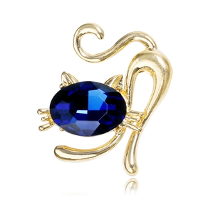 Cute Cat Shape Alloy Brooch With Blue Green Crystal Stone Gold Silver Plated Animal Pin For Women Dress Accessory Jewelry