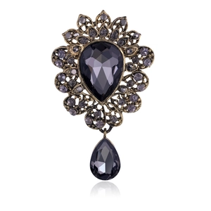 Vintage water drop brooch with dark grey faceted crystal and bronze floral design