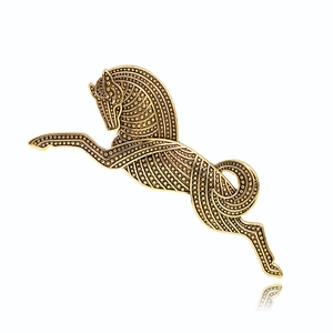 Vintage golden galloping horse brooch pin with intricate textured metal details for suits