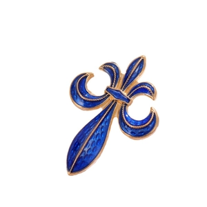 Vintage style iris flower brooch in deep blue enamel with golden honeycomb textures