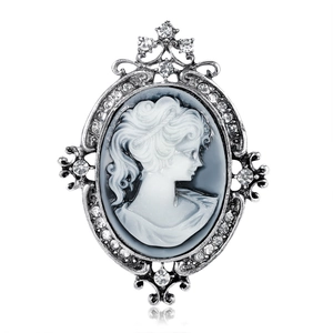 Vintage cameo brooch with silver frame and sparkling rhinestones for women's apparel