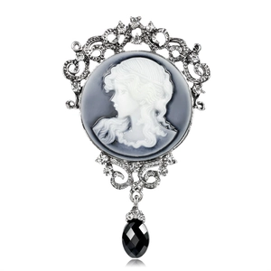 Vintage silver cameo brooch with goddess portrait, baroque crystals, and black drop bead