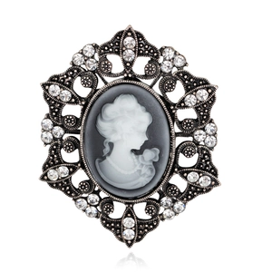 Vintage relief lady cameo brooch with antique silver hollow frame and sparkling rhinestones