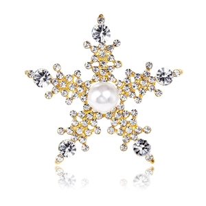 Elegant gold snowflake brooch with central pearl and sparkling white rhinestones
