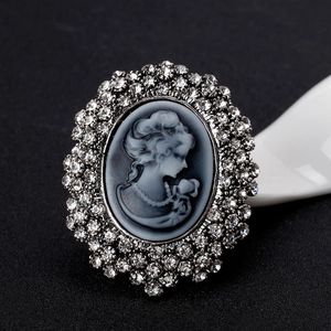 Vintage European cameo brooch with crystal rhinestones and silver-tone alloy setting