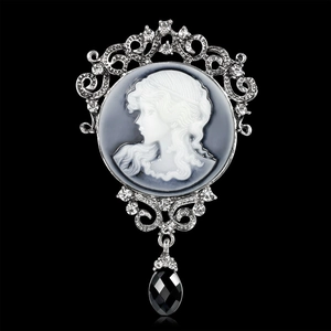 Spilla cammeo vittoriana vintage con rilievo argento e ciondolo in cristallo nero