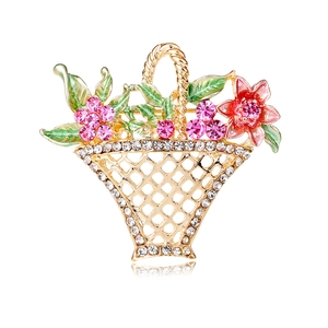 Elegant hollow flower basket brooch with colorful rhinestones and gold plating