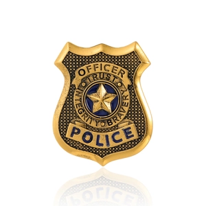 Polished gold metal police badge pin with officer star and enamel blue lettering