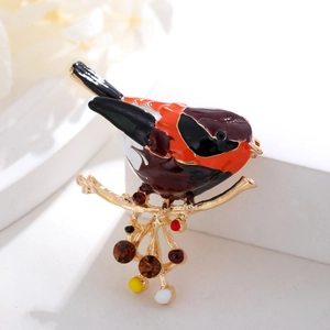 Broche oiseau émaillée vintage avec perles colorées sur branche dorée, style joaillerie