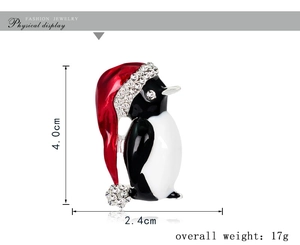 Detail view of cute penguin Christmas brooch with size 4.0cm by 2.4cm and weight 17g