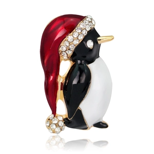 Cute Christmas penguin brooch with red enamel hat and rhinestones on gold alloy base
