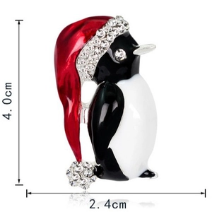 Cute Christmas penguin brooch with red enamel hat and sparkling rhinestones 4.0cm height