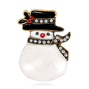 Sparkling snowman Christmas brooch with rhinestones and white enamel on a gold metal base