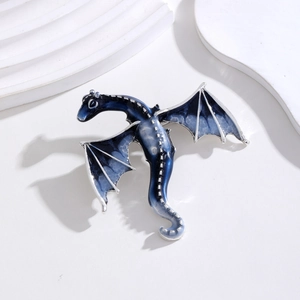 Mythical dragon brooch in blue enamel with silver wings for suits and coats