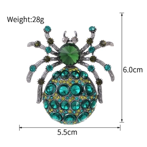 Broche araignée Halloween vintage avec cristaux verts et jaunes, dimensions 6,0cm x 5,5cm