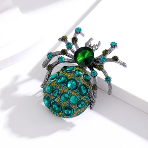Broche araignée vintage Halloween avec strass vert émeraude et cristaux jaunes