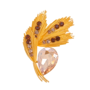Elegant gold wheat stalk brooch with amber crystals and large teardrop gemstone