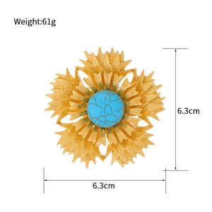 Vintage style gold flower brooch with turquoise inlay and 6.3cm floral textured design
