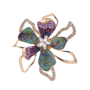 Elegant flower brooch with purple rhinestones and colorful enamel petals in gold plating