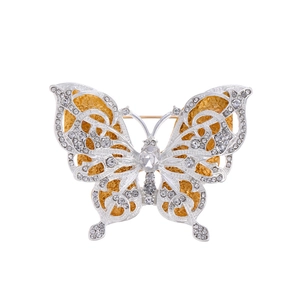 Vintage Artistic Double Layer Butterfly Brooch For Women Zinc Alloy White Rhinestone Hollow Animal Corsage Jewelry Pins