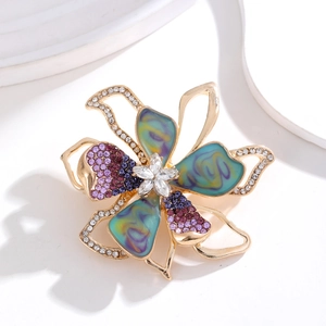 Vintage Alloy Flower Brooch Pin Elegant Rhinestone Enamel Abalone Shell Look Accessory For Women Dress Coat Apparel Jewelry