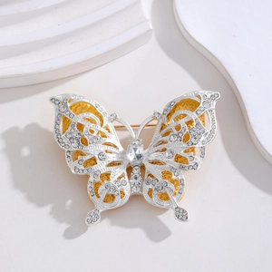 Vintage butterfly brooch with double-layer white diamonds and silver gold plating
