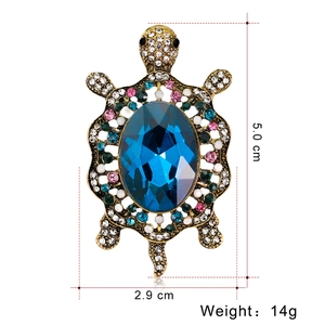 Spilla a tartaruga in bronzo vintage con gemma blu e strass colorati per vestiti