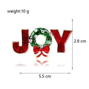 Weihnachts-JOY-Brosche mit rotem Emaille und grünem Kranz, verziert mit glitzernden Strasssteinen