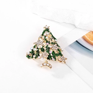 Festive Christmas Tree Brooch Zinc Alloy Green Enamel Rhinestone Hollow Star Pin For Party Dress Accessories Jewelry Gift