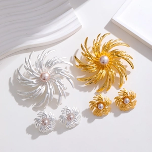 Ensemble Broche en Alliage Vintage Künstliche Perle Strass Feu d'Artifice Épi de Blé Fleur en Spirale Bijoux Cour Médiévale