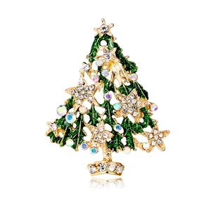 Green enamel Christmas tree brooch with gold alloy frame and sparkling crystal rhinestones