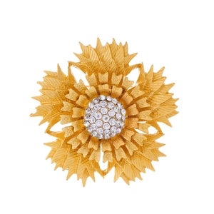 Vintage style gold flower brooch with Czech rhinestones and textured multi-layer petals