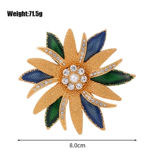 Vintage enamel floral brooch with crystals and pearl, 8cm wide golden flower pin