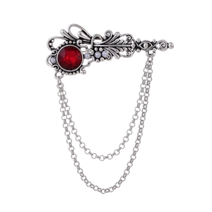Vintage Victorian Alloy Brooch With Double Chain Tassels Faux Artificial Pearl Red Gemstone Embellished Pin For Women Party Jewelry