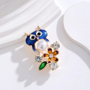 Vintage Owl Flower Enamel Brooch For Women Gold Alloy Rhinestone Imitation Artificial Pearl Animal Lapel Pin Jewelry Accessories