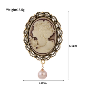 Vintage oval cameo brooch with female portrait and faux pearl pendant for women coat