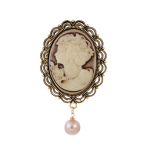 Vintage French relief cameo brooch in antique gold finish with a pearl pendant
