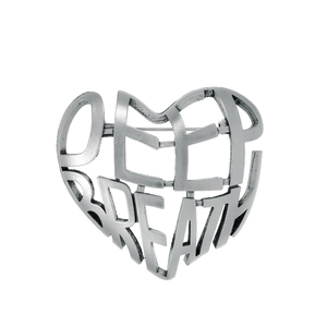 Hollow heart-shaped silver brooch featuring Deep Breath letter engraving in matte finish
