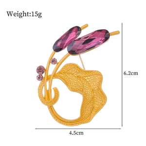 Golden leaf brooch with purple crystals for sweaters and suits, 6.2cm height