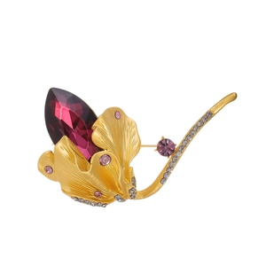Vintage Tulip Leaf Brooch For Women Gold Plated Shiny Rhinestone Glass Corsage Pin For Banquet Wedding Coat Decoration