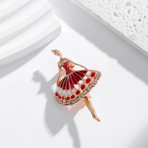 Elegant ballerina dancer brooch in champagne gold and red enamel with crystal accents