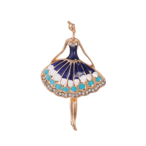 Elegant ballet dancer brooch in gold alloy with blue enamel and sparkling rhinestones