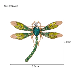 Green enamel dragonfly brooch with rhinestones on gold base, sized 5.3x4.2cm for women