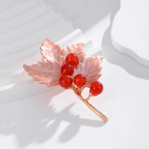 Elegant maple leaf brooch with pink enamel leaves and red berry beads on gold base