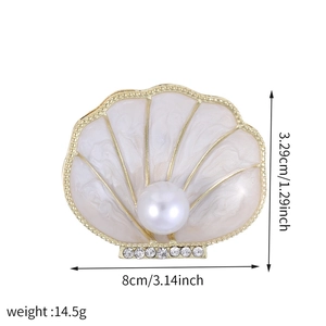 Elegant vintage enamel shell brooch with pearl and rhinestones 8cm wide