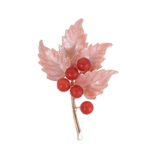 Elegant maple leaf brooch with pink pearlescent leaves and red berry beads on gold base